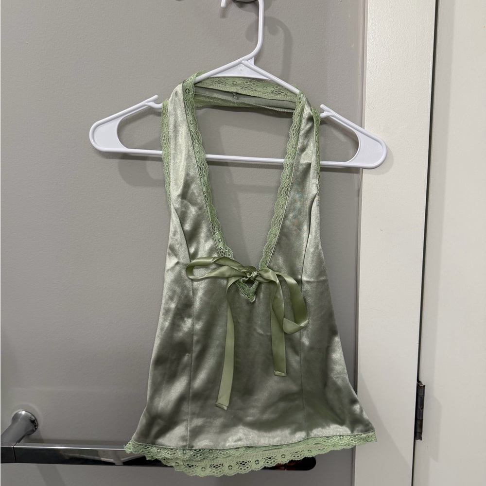 Satin Halter Top with Lace Trim